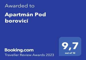 Certifikát, ocenenie alebo iný dokument vystavený v ubytovaní Apartmán Pod borovicí