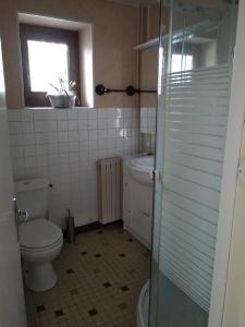 a bathroom with a toilet and a sink and a window at chez Domi Syl gite nature in Colonne