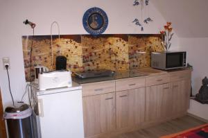 eine Küche mit einer Theke, einer Mikrowelle und einem Kühlschrank in der Unterkunft ruhiges Wohnen am Lama und Maine Coon Hof in Alleinlage in Biederbach 3 Zimmer mit Kochgelegenheit Bad 