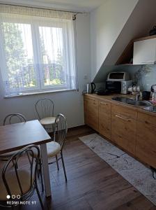 a kitchen with a table and a sink and a table at Apartament Gajówka z ogrodem na wyłączność, Energylandia 35min in Rzyki