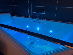 a blue bath tub with a shower in a bathroom at Balneo village vieille ville in Annecy