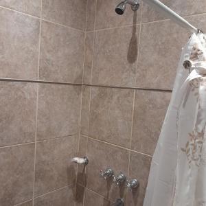 a shower with a white shower curtain in a bathroom at Kaedo in Corrientes