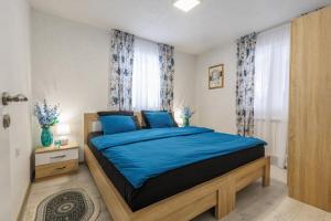 Schlafzimmer mit einem Bett mit blauer Bettwäsche und einem Fenster in der Unterkunft Family SPA Apartments Sunny&Shiny in Šavnik