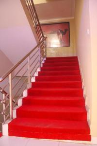 a red carpeted staircase in a house with a red carpet at Andalusia Hotel in Nouakchott