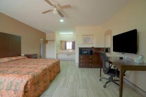 Habitación de hotel con cama, escritorio y TV. en Texas Inn San Benito near Harlingen, en San Benito