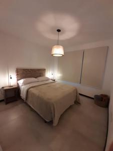1 dormitorio con 1 cama grande y lámpara en Walüng en San Martín de los Andes