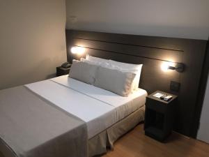sypialnia z dużym białym łóżkiem z 2 poduszkami w obiekcie San Diego Suítes Lourdes - OFICIAL w mieście Belo Horizonte