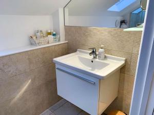 a bathroom with a sink and a shower at South Downs View in West Meon