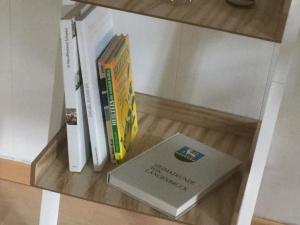 un grupo de libros sentados en un estante en Ferienwohnung Hof unterer Dürrenberg Langenbruck en Langenbruck