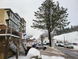 uma rua coberta de neve com um edifício e uma árvore em RESIDENCE BELLE HUTTE COTÉ PISTES DE SKI 2 em La Bresse