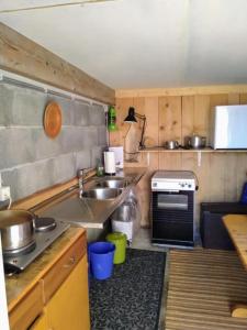 uma pequena cozinha com um lavatório e um fogão em Gartenhaus Zimmer em Rüeggisberg