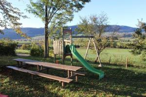 a playground with a green slide and a bench at Chalet - Le Champ des Perches, Berlincourt in Glovelier