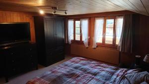 1 dormitorio con 1 cama, TV y ventanas en Chalet Wittebärg, en Gsteig