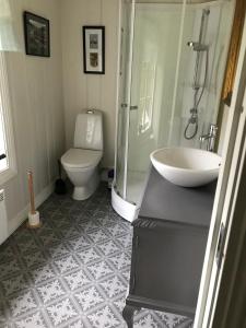 La salle de bains est pourvue d'une douche, d'un lavabo et de toilettes. dans l'établissement Nedre Skogtun cabin by Norgesbooking, à Hovda