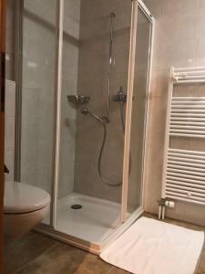 um chuveiro com uma porta de vidro na casa de banho em Komfortabel, Perfekte Lage, neue Wohnung, gratis P em Lauterbrunnen