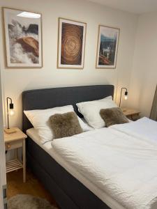 Strunzova pila Kvilda apartmán 308 في كفيلدا: سرير في غرفة نوم مع صور على الحائط
