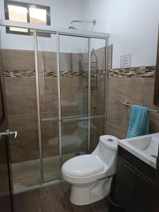 La salle de bains est pourvue d'une douche, de toilettes et d'un lavabo. dans l'établissement MADRE TERRA, à Uvita