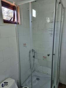 a bathroom with a glass shower with a toilet at Alojamiento Pamela in Coñaripe