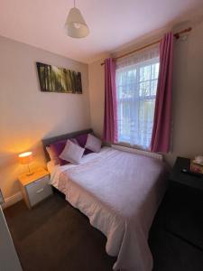 a bedroom with a bed and a window with pink curtains at Silver Eagle in Dublin