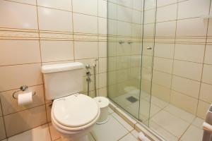 La salle de bains est pourvue de toilettes et d'une douche en verre. dans l'établissement Rosa Edifício Bavária, à Gramado