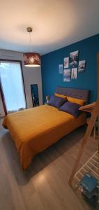 1 dormitorio con 1 cama grande de color naranja y pared azul en Logement entier de plain-pied en Épagny
