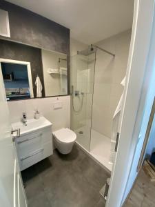 uma casa de banho com um chuveiro, um WC e um lavatório. em Apartment Stadtblick em Braunschweig