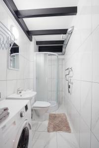a white bathroom with a toilet and a sink at Respublikos LOFT Forentinn in Panevėžys