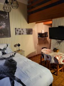 um quarto com uma cama, uma mesa e uma televisão em RESIDENCE BELLE HUTTE COTÉ PISTES DE SKI 2 em La Bresse