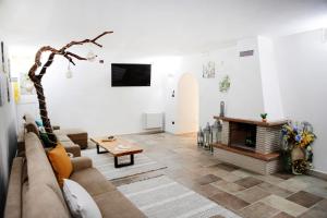 a living room with a couch and a fireplace at Villa Vinne Cirase in Castiglione dʼOtranto
