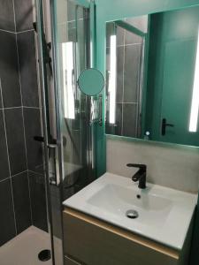 a bathroom with a sink and a shower with a mirror at Orion - SILS Coquet studio proche des commodités et transports in Hérouville-Saint-Clair