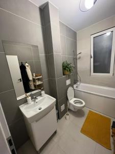 La salle de bains est pourvue d'un lavabo, de toilettes et d'une baignoire. dans l'établissement Ursan Residence, à Uisenteş
