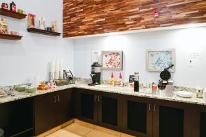 a kitchen with black cabinets and a counter top at Tysons Corner Suites, A Baymont by Wyndham in Vienna