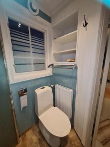 a small bathroom with a toilet and a window at Grindstugan Högbo in Sandviken