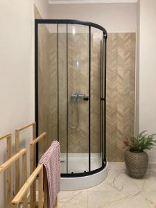 a shower with a glass door in a bathroom at Mieszkanie rodzinne trzypokojowe in Lądek-Zdrój