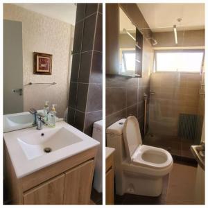 two pictures of a bathroom with a toilet and a sink at Astoria 2BR Penthouse [Views of Bliss] in Nairobi