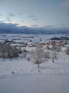 a snowy field with trees and a town in the distance at Naudebals in Rebourguil