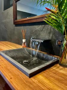 a sink with a water fountain on a wooden table at Location Open Sky in Deshaies