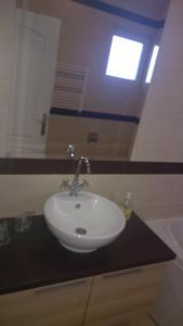 a bathroom with a white sink and a window at Palvile Apartmani in Palić
