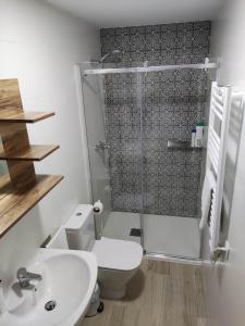 a bathroom with a shower and a toilet and a sink at A casa dos Pobres in Muxia