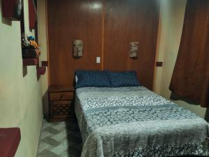 ein Schlafzimmer mit einem Bett und einer Holzwand in der Unterkunft Hotel Nikko in Chignahuapan