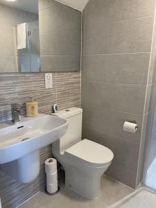 een badkamer met een wit toilet en een wastafel bij Paradigm House, Modern 2-Bedroom Duplex Apartment 2, Free Parking, Oxford in Oxford