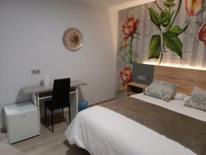 1 dormitorio con cama, escritorio y mesa en Hostal Platerías, en León