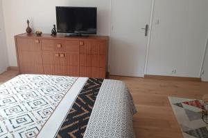 a bedroom with a bed and a television on a dresser at Maison paisible Rennes sud avec jaccuzzi sur réservation in Noyal-Châtillon-sur-Seich