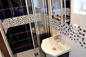 mała łazienka z umywalką i prysznicem w obiekcie Chata Doubice w mieście Doubice
