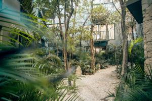 a garden with palm trees and a building at Vida Jungle Apart 7 with special fee to access Hotel Bardo in Tulum