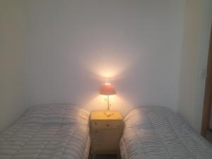 two beds in a bedroom with a lamp on a night stand at Estrella in Trevelin