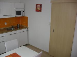 a small kitchen with a sink and a microwave at Apartmán Linda in Lipno nad Vltavou