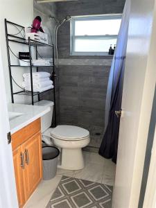 ein Bad mit einem WC, einem Waschbecken und einem Fenster in der Unterkunft Cheerful 3 Bedroom Home mins from Clearwater Beach in Clearwater