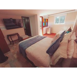 sypialnia z dużym łóżkiem z poduszkami w obiekcie Hotel Mansión Barichara w mieście Barichara