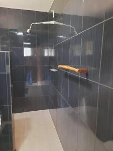 a bathroom with a shower with a glass door at Pousada Do Moinho in Nazaré Paulista